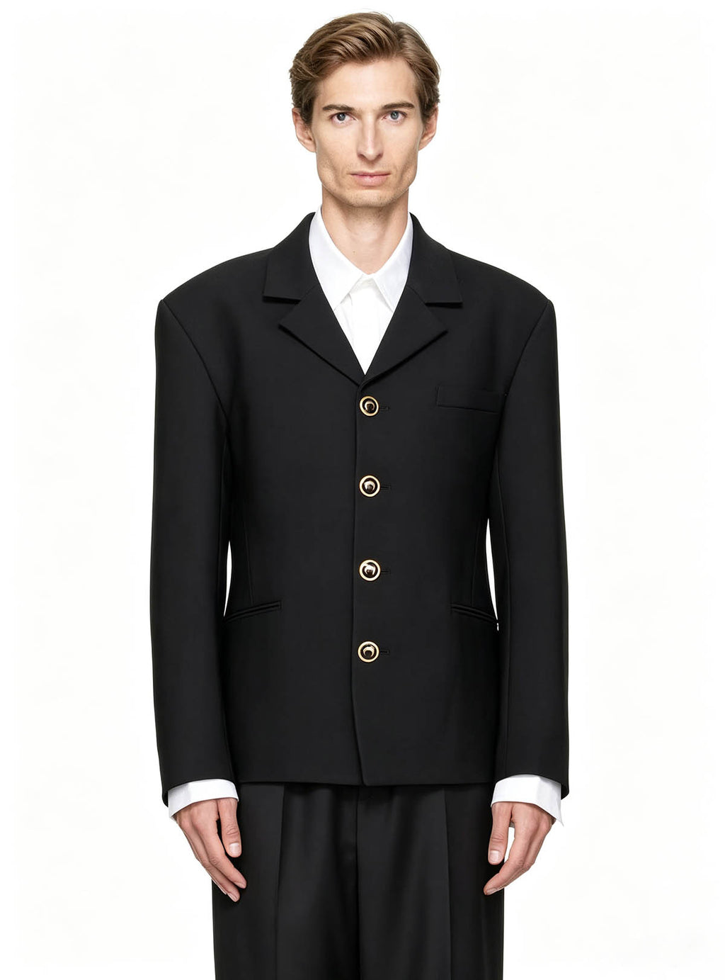 Haideyu ODM OEM gold button cropped black suit front view B2B custom apparel FOB