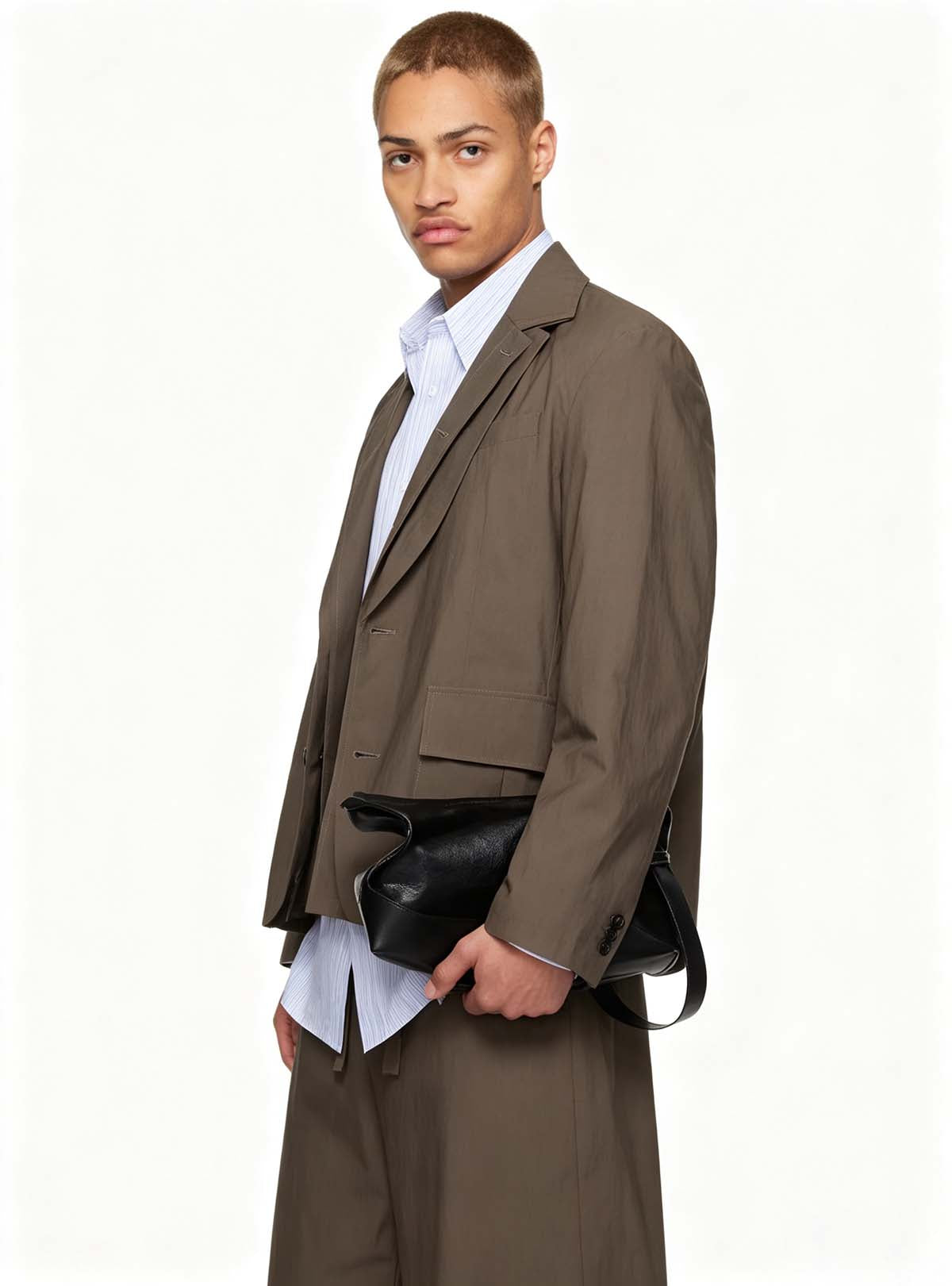 Haideyu ODM OEM relaxed brown men’s suit front view, FOB bespoke menswear production