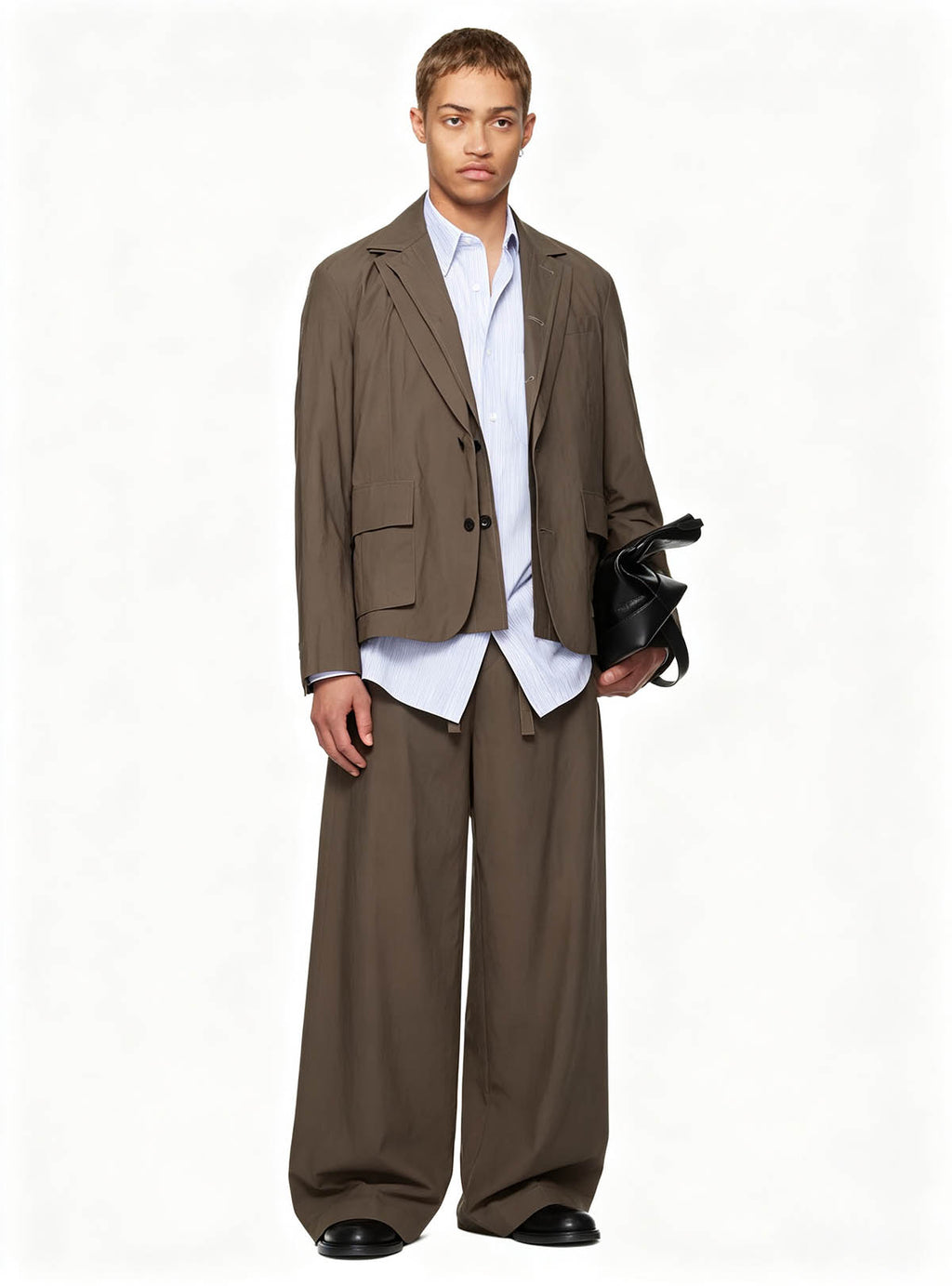 Haideyu modern layered brown men’s suit right side view, B2B ODM OEM FOB menswear
