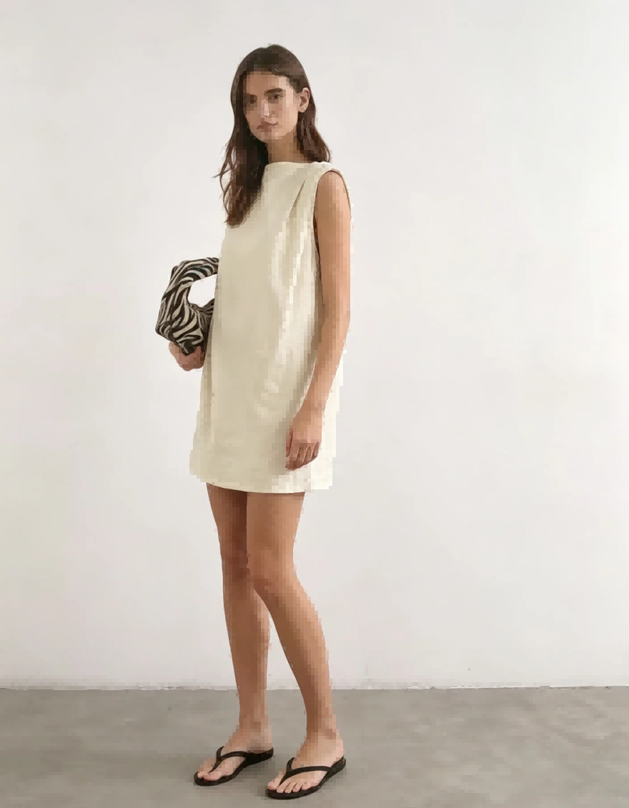 Side styling shot Haideyu personalized cream shoulder pleat sleeveless straight mini dress loose minimalist silhouette custom everyday apparel