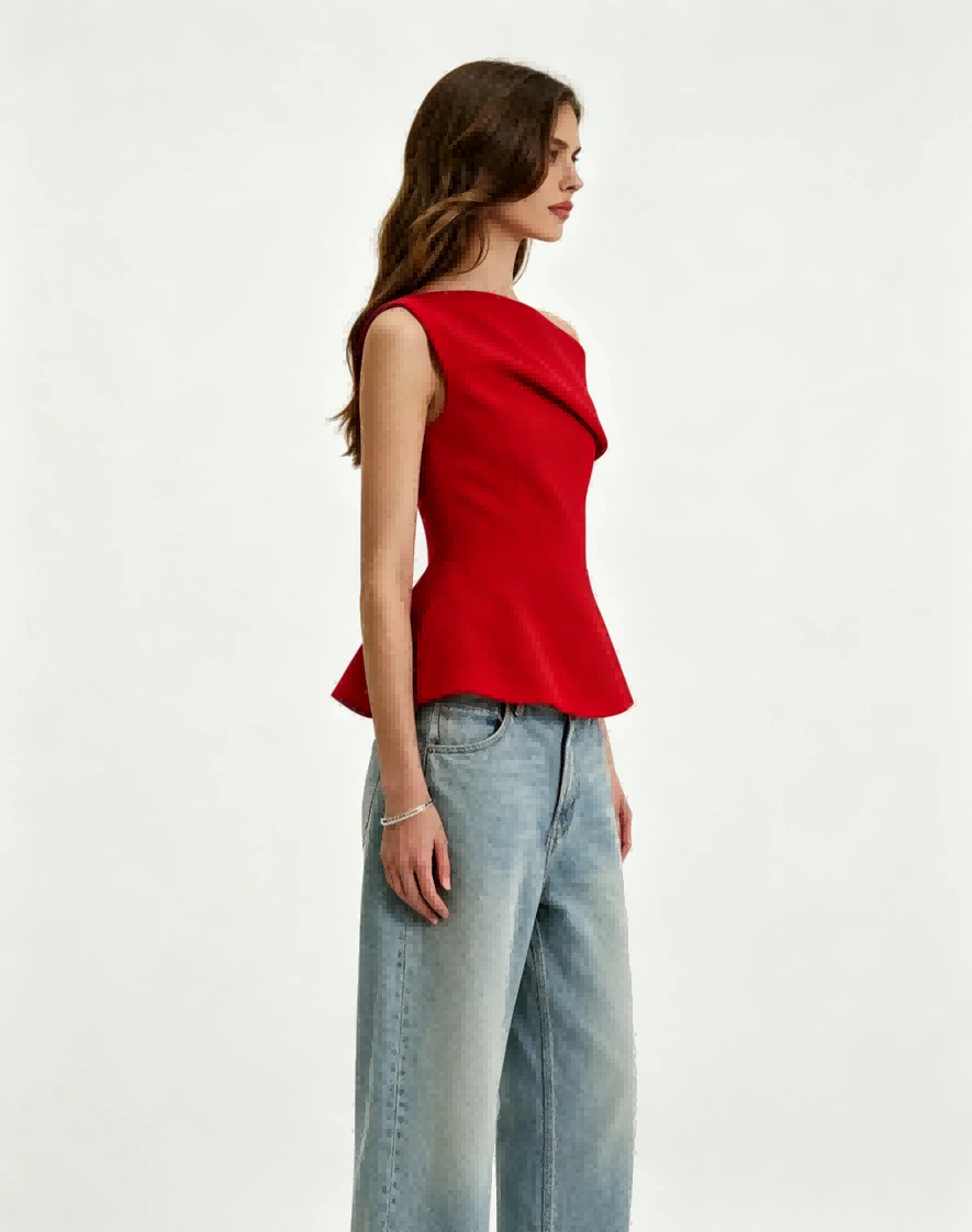 Side profile half body shot Haideyu personalized red folded off shoulder crop top asymmetrical neck tailored waist custom women evening apparel