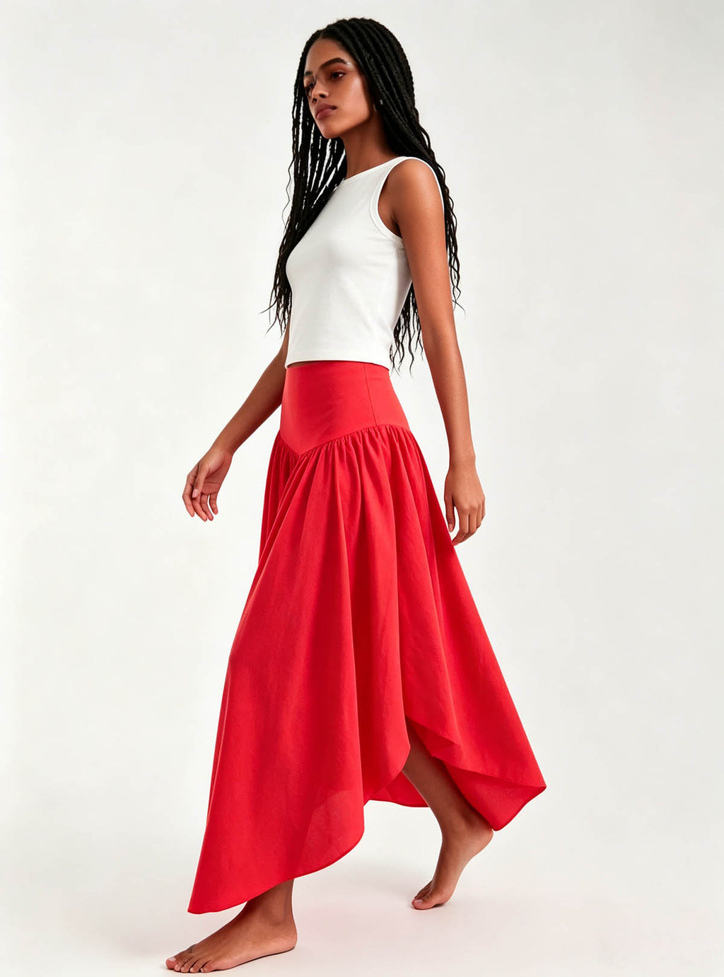 Back side profile shot Haideyu personalized red asymmetrical maxi skirt wide swing hem elastic waist custom women bottom apparel