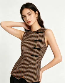 Side styling shot Haideyu personalized brown striped waistcoat top vertical frog button detail sleeveless tailored office custom women apparel