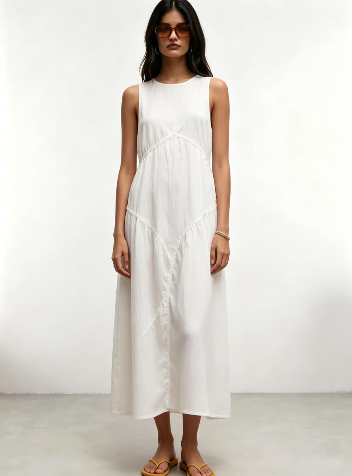 Straight front view Haideyu personalized white sleeveless tiered midi dress loose relaxed fit casual everyday custom women apparel