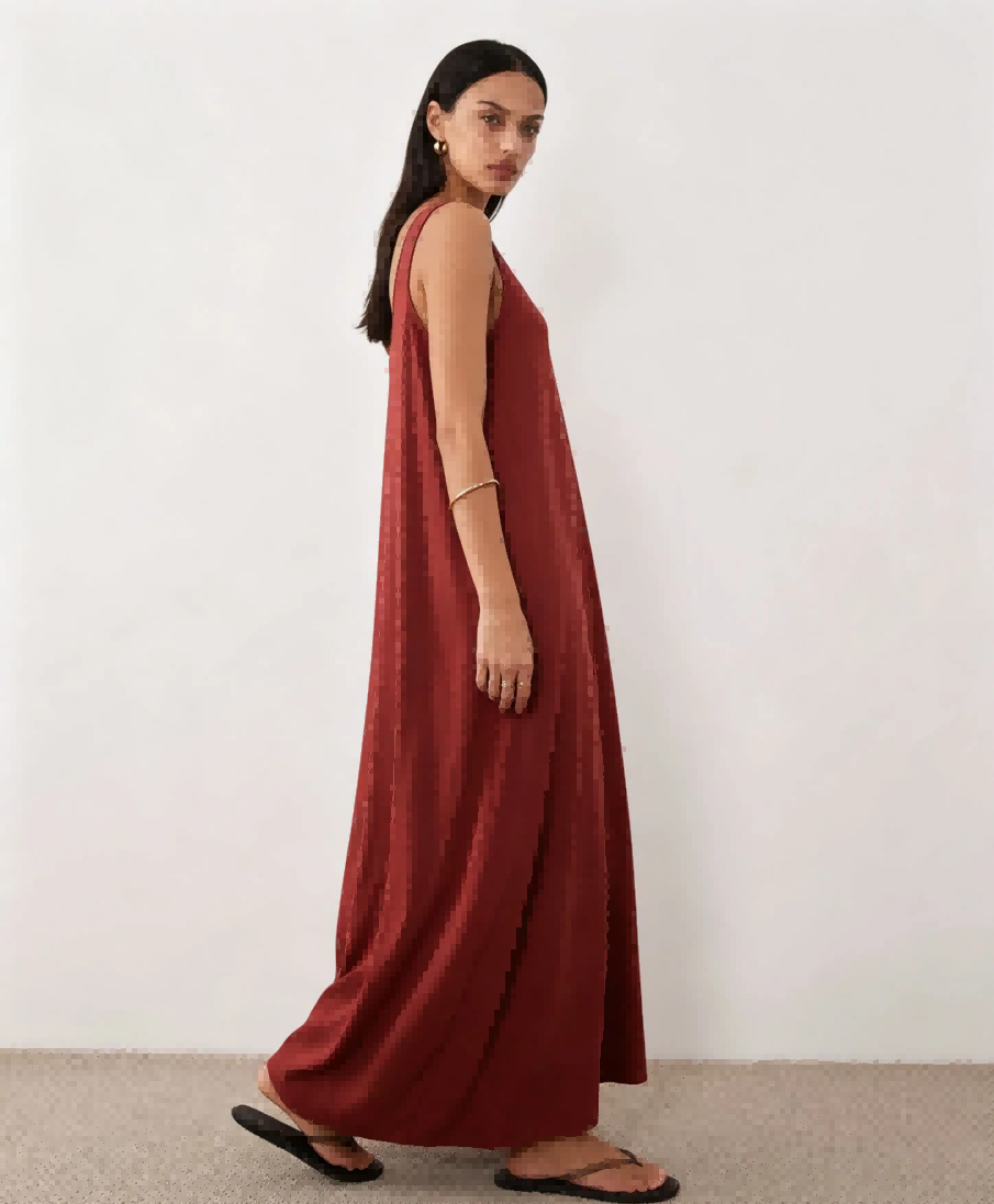 Side profile shot of Haideyu personalized wine red sleeveless maxi slip dress soft flow hem women custom gown