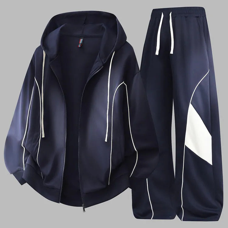 Haideyu OEM custom color block zip hoodie men two piece tracksuit navy full studio front product shot