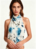 Haideyu OEM custom blue ink splash print cowl neck halter sleeveless crop top front bust shot soft stretch fabric women sleek custom top