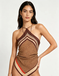 Haideyu OEM custom brown textured knit halter top geometric color trim asymmetrical wrap hem full front shot stretch fabric women vacation custom top