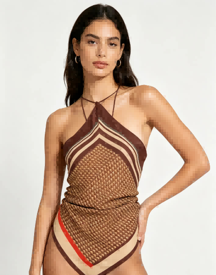 Haideyu OEM custom brown textured knit halter top geometric color trim asymmetrical wrap hem full front shot stretch fabric women vacation custom top