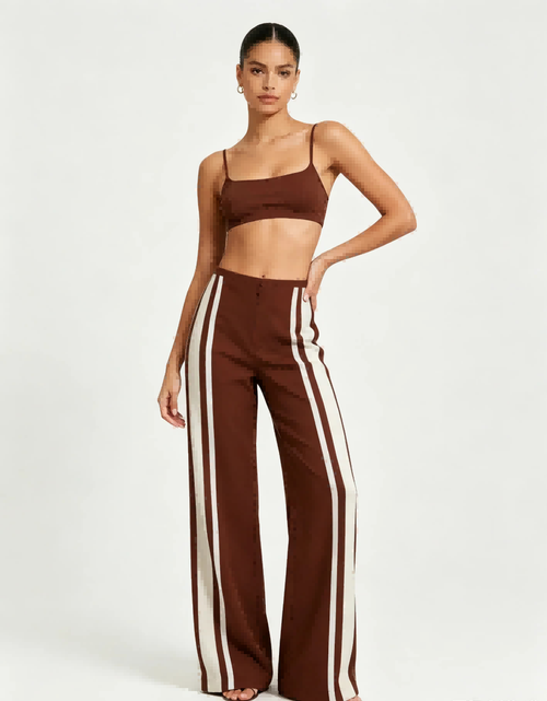 Haideyu OEM custom brown stretch flare track pants dual white side stripe high waist full outfit shot soft knit fabric women casual custom bottom