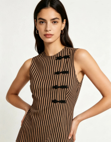 Haideyu OEM custom brown vertical stripe sleeveless waistcoat top front full shot classic frog button tailored woven fabric women elegant custom top
