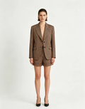 Haideyu OEM custom brown vertical stripe high waist tailored suit shorts full matching blazer set front shot structured woven fabric women custom formal bottom