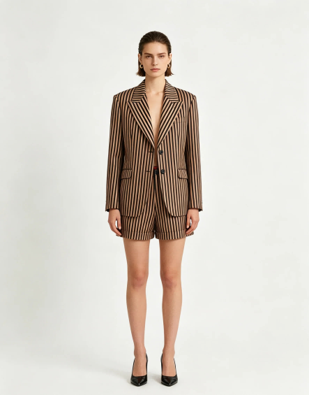 Haideyu OEM custom brown vertical stripe high waist tailored suit shorts full matching blazer set front shot structured woven fabric women custom formal bottom