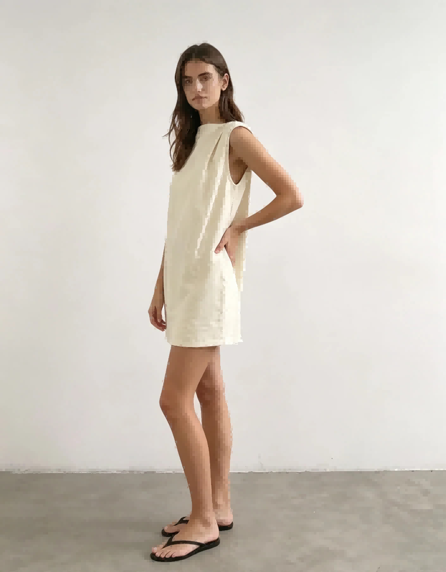 Haideyu OEM custom cream sleeveless straight mini dress shoulder pleat detail side full body shot minimalist soft fabric women casual dress