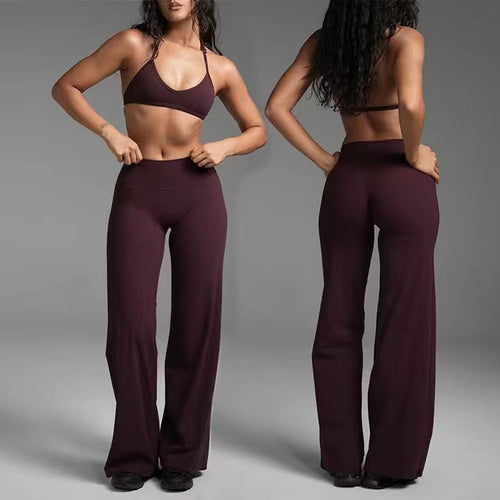 Haideyu OEM custom deep purple 2 piece yoga set thin strap bra high waist flare pants front & back dual model shot buttery soft stretch activewear custom women sportswear