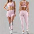 Haideyu OEM custom light pink 2 piece yoga set crisscross sheer mesh back sports bra high waist spliced grey mesh leggings front & back dual model shot soft sweat-wicking stretch activewear custom women sportswear
