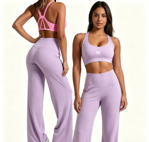 Haideyu OEM custom lilac 2 piece yoga set crisscross open back sports bra high waist flare pants front & back dual model shot soft stretch opaque activewear custom women sportswear