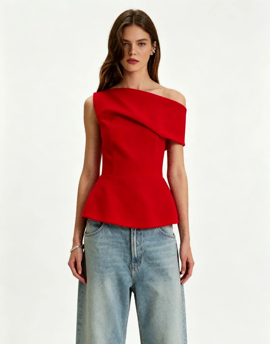 Haideyu OEM custom red folded ruffle off shoulder cropped top full front shot structured woven fabric sleek fitted women custom statement top