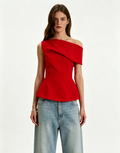 Haideyu OEM custom red folded ruffle off shoulder cropped top full front shot structured woven fabric sleek fitted women custom statement top