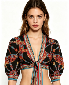 haideyu-oem-custom-vintage-ethnic-print-tie-crop-top-front-bust-shot