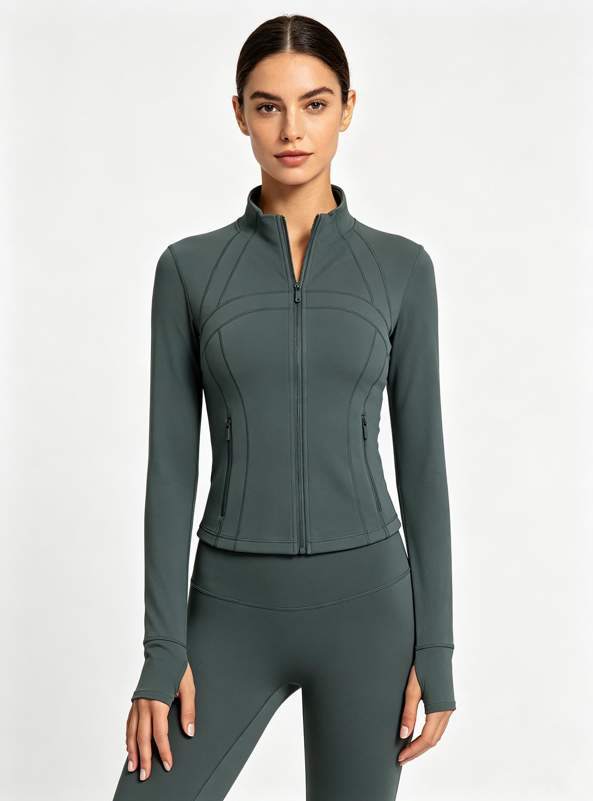 Haideyu OEM full‑zip women yoga jacket with thumb holes and zipper side pockets, fitted athletic gym top