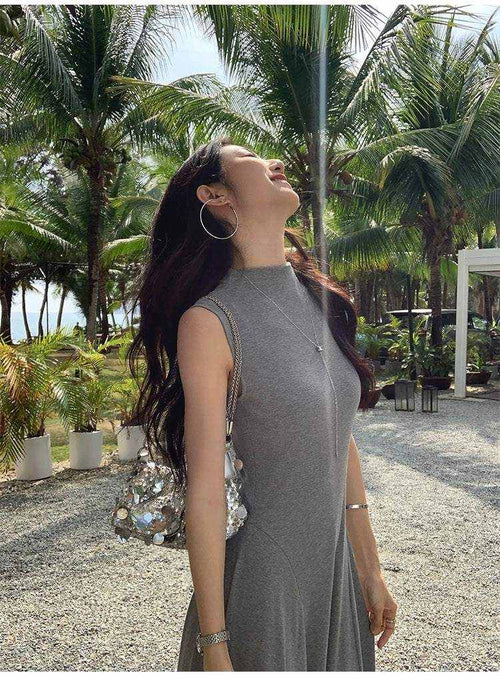 Haideyu OEM ODM High Neck Sleeveless Knit A-Line Women Maxi Dres