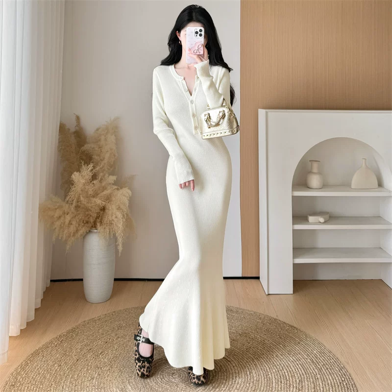 Haideyu OEM ODM Ribbed Knit V Neck Mermaid Fishtail Bodycon Maxi Dress