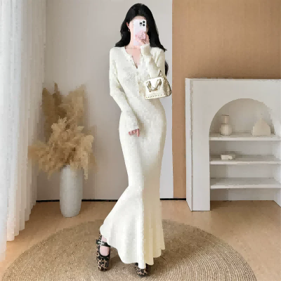 Haideyu OEM ODM Ribbed Knit V Neck Mermaid Fishtail Bodycon Maxi Dress