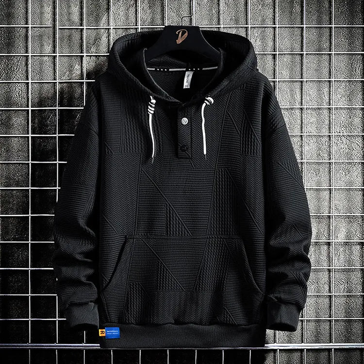 Haideyu OEM textured waffle fabric black men pullover hoodie front shot, custom apparel from haideyu.com