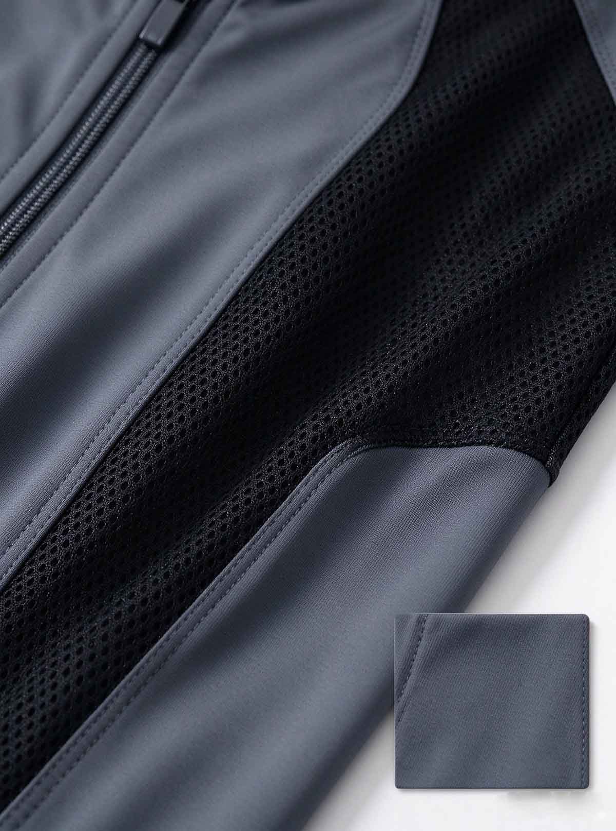 Fabric closeup of Haideyu OEM women mesh panel yoga jacket, four-way stretch nylon spandex fabric and breathable mesh splicing detail
