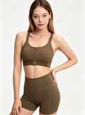 Haideyu OEM custom olive brown front zip women sports bra and high waist biker shorts set, custom activewear clothing manufacturer