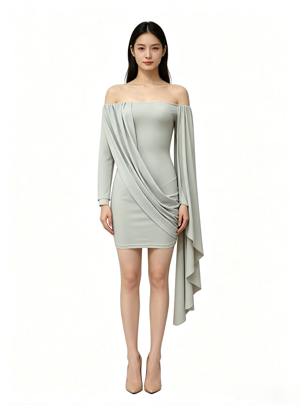Haideyu off‑shoulder draped long sleeve bodycon mini dress, custom women knit dress OEM ODM service, elegant party short dress with loose sleeve detail