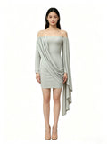 Haideyu off‑shoulder draped long sleeve bodycon mini dress, custom women knit dress OEM ODM service, elegant party short dress with loose sleeve detail