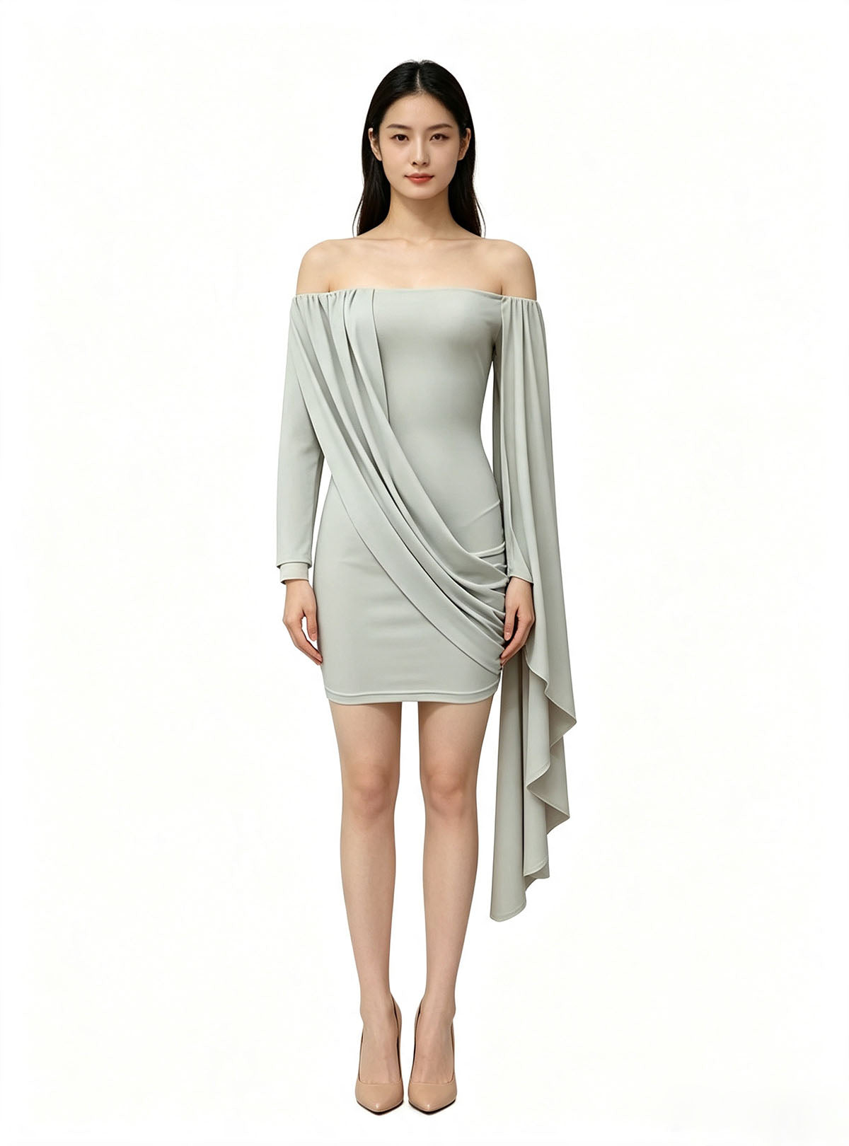 Haideyu off‑shoulder draped long sleeve bodycon mini dress, custom women knit dress OEM ODM service, elegant party short dress with loose sleeve detail