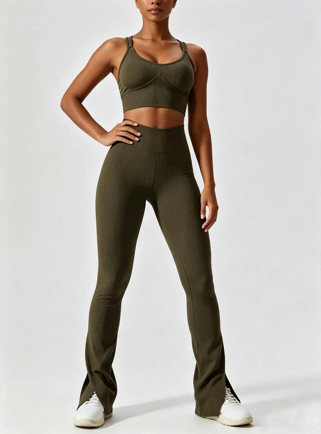 Haideyu ladies textured olive gym two‑piece outfit, sleeveless crop top and flared trousers with hem slit, elastic fitness apparel, bespoke clothing manufacturing