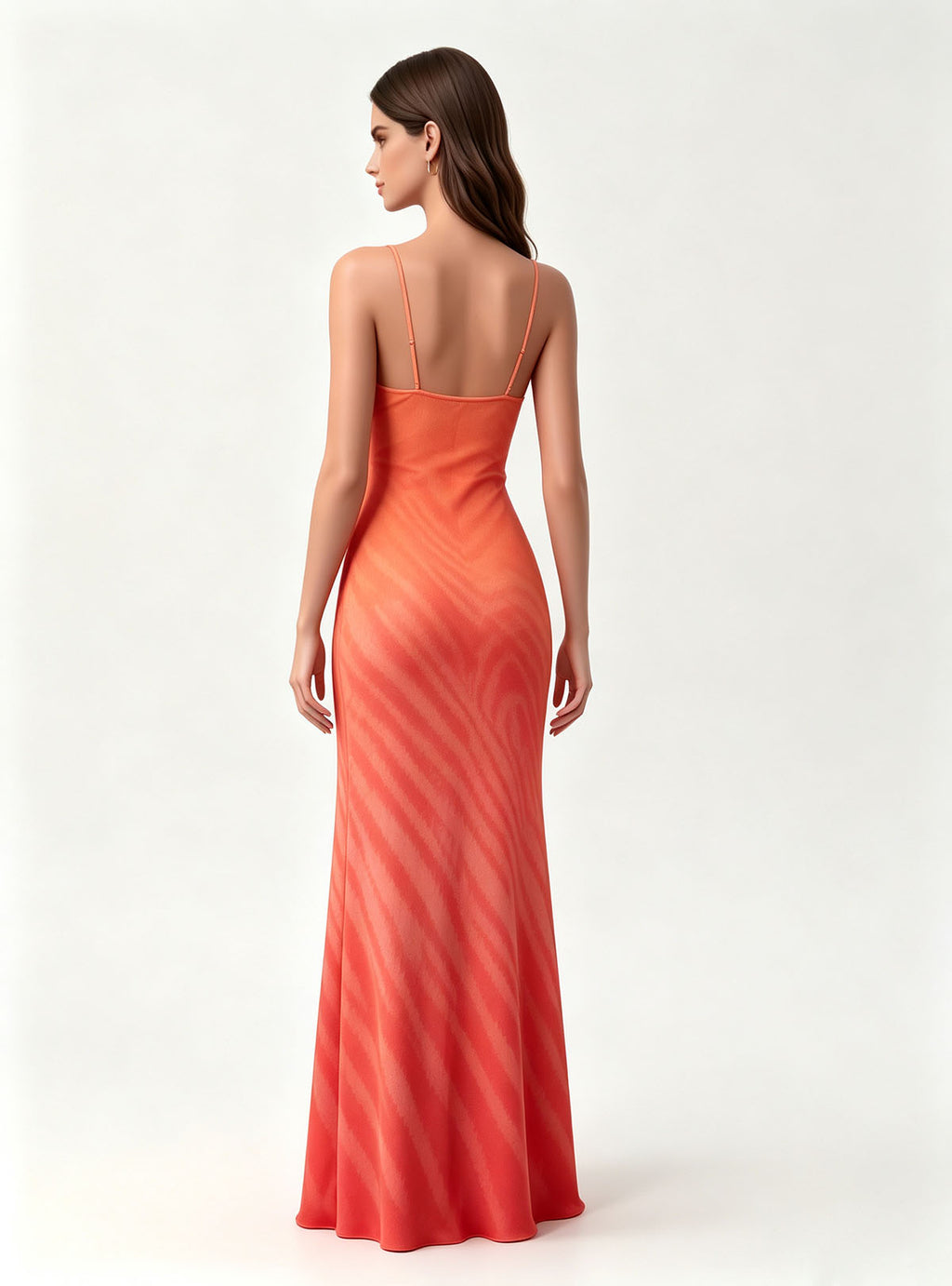 Haideyu Orange‑Red Gradient Long Dress Back View, Ladies V‑Neck Sleeveless Formal Maxi Gown, ODM Custom‑made Clothing