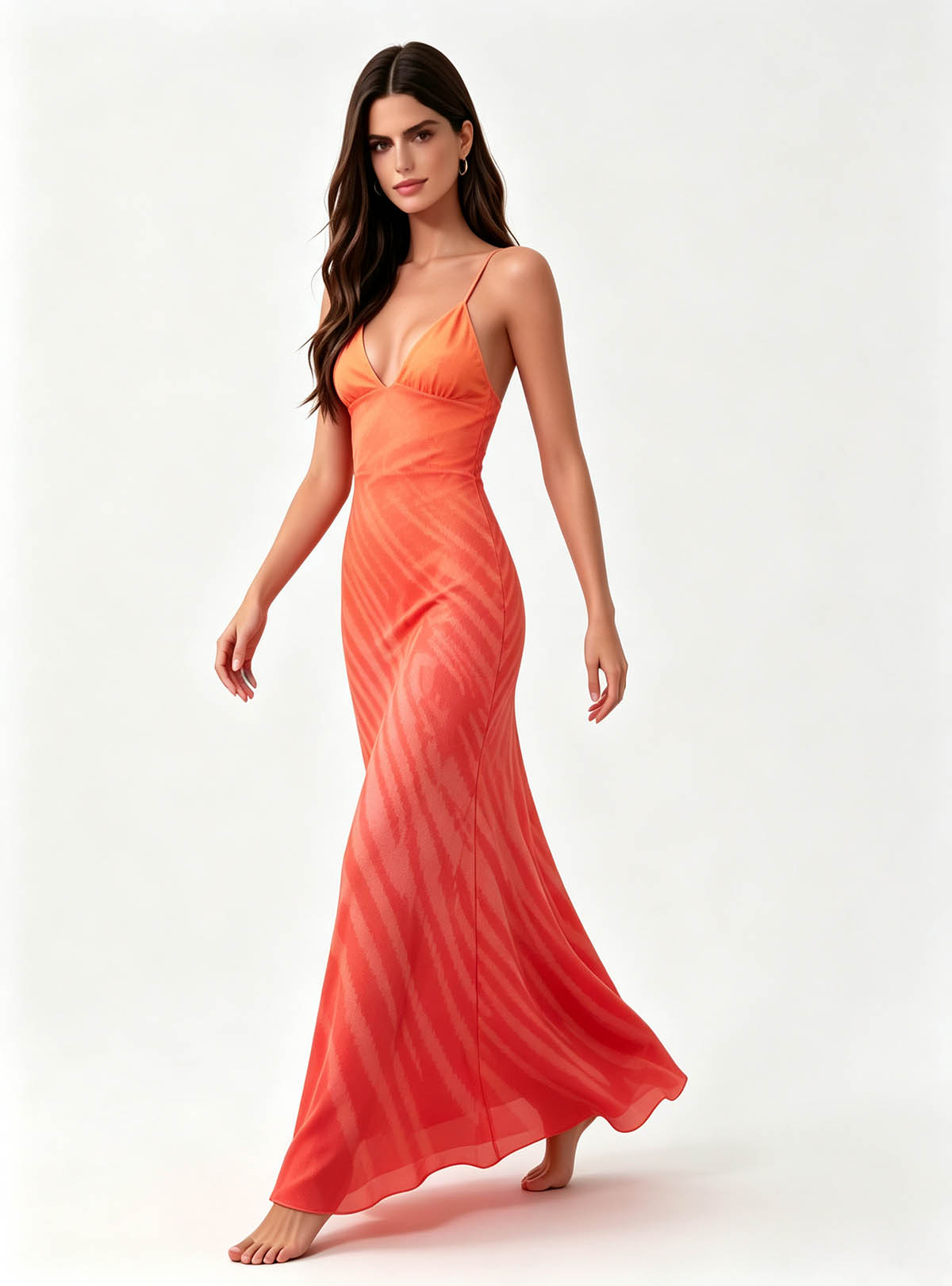 Haideyu OEM Custom Orange‑Red Gradient Long Formal Dress, Sleeveless V‑Neck Maxi Gown For Women Evening Occasion