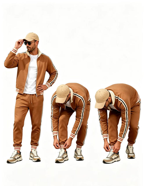 Side stripe trim closeup on Haideyu custom men tracksuit, dual model pose showing customizable blank outfit details