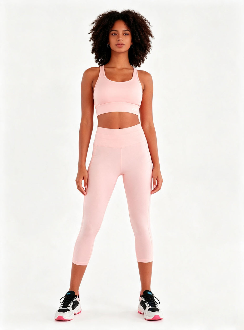 Haideyu Women Pink Sports Bra and High Waist Capri Leggings Set, Soft Stretch Athletic Outfit with White Sneakers for Gym Workout and Active Training