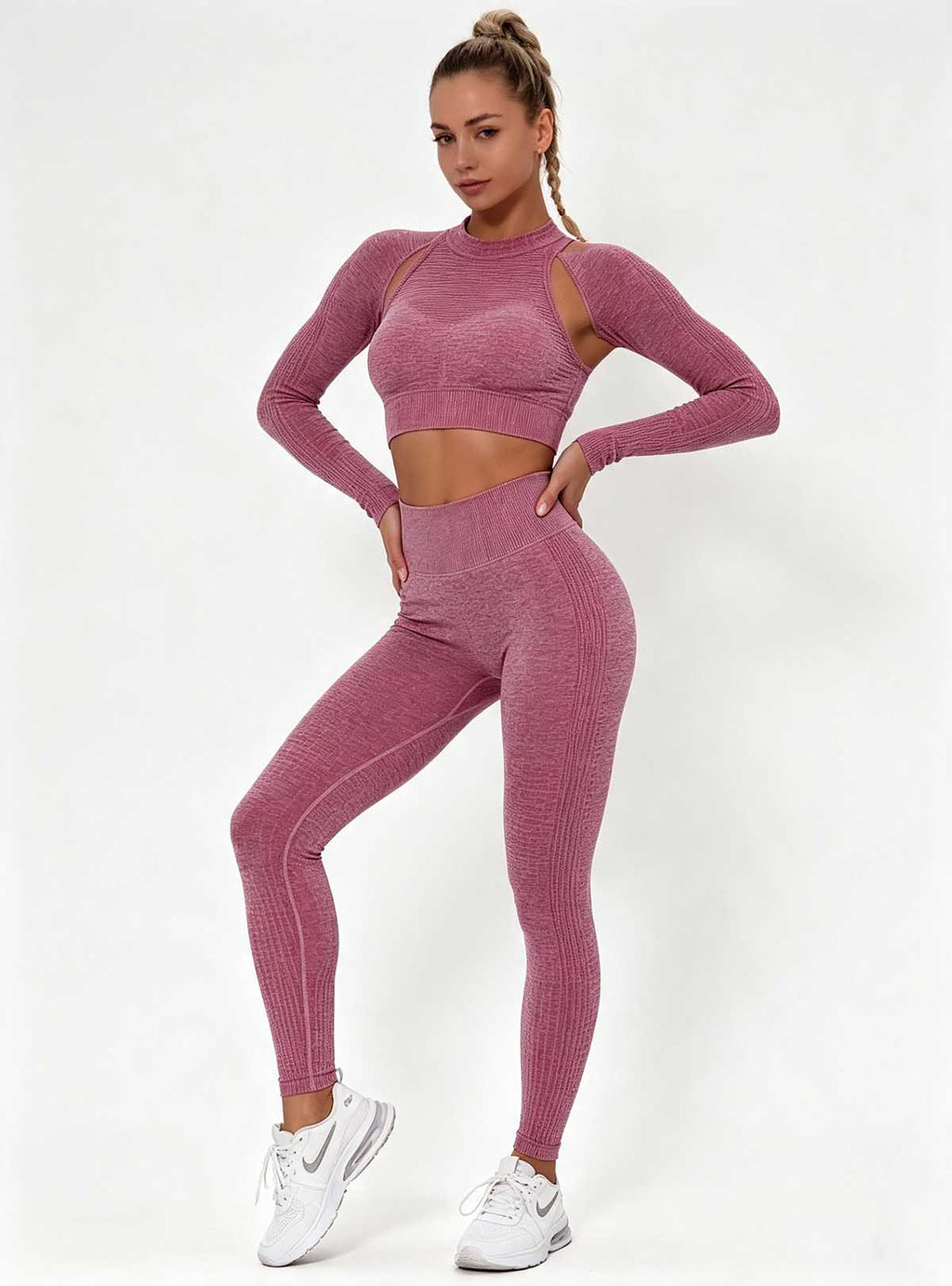 Haideyu women dusty pink textured 2‑piece yoga suit, elastic sports bra and high‑rise leggings, customized sportswear OEM ODM manufacturing