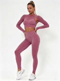 Haideyu women dusty pink textured 2‑piece yoga suit, elastic sports bra and high‑rise leggings, customized sportswear OEM ODM manufacturing