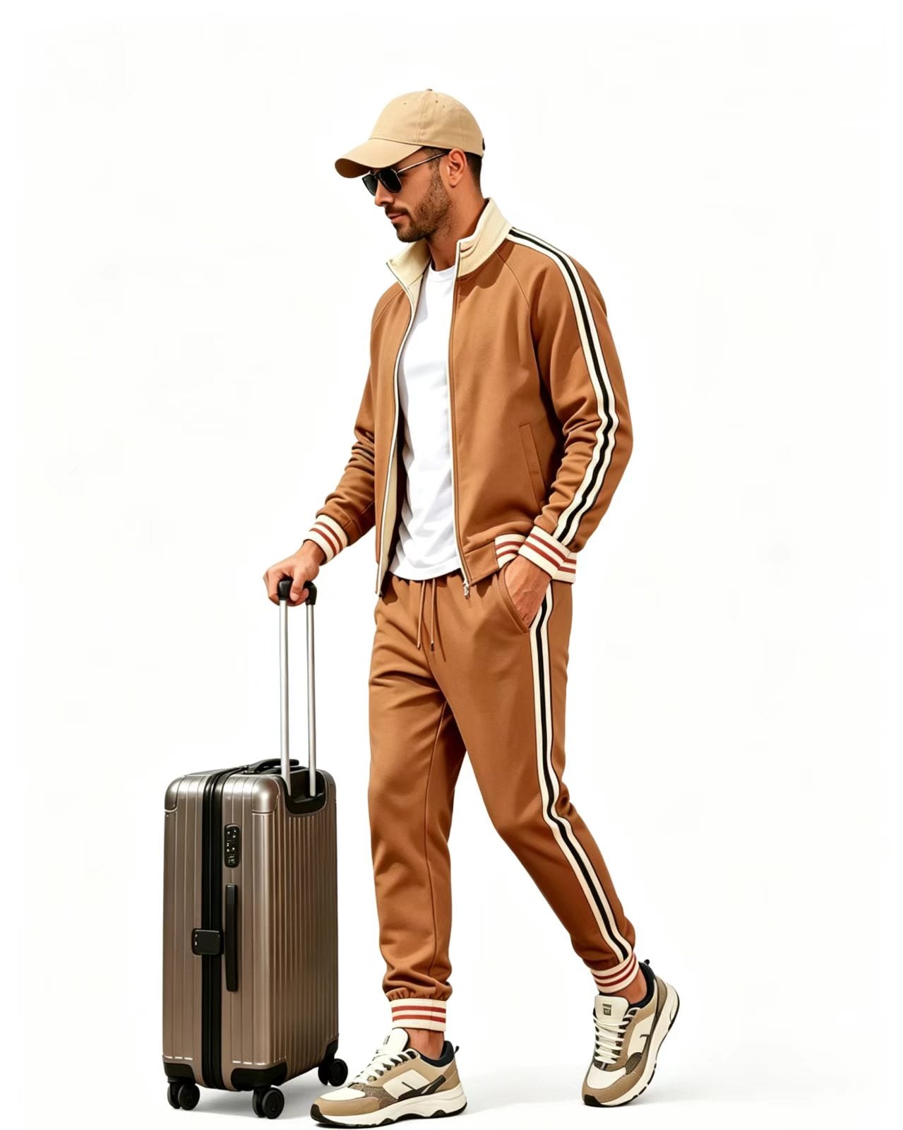 Full side silhouette single model shot of Haideyu custom brown tracksuit, extended sizing S-8XL for brand customization
