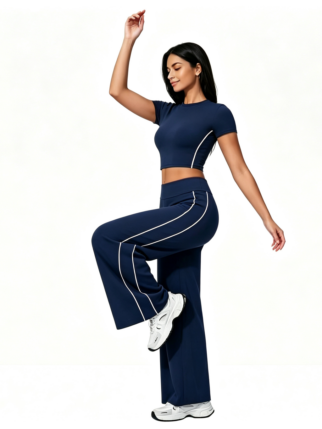 ODM OEM Haideyu customizable navy activewear matching two piece suit, breathable non-sheer workout set, female relaxed dance pose wholesale bulk clothing blank white backdrop