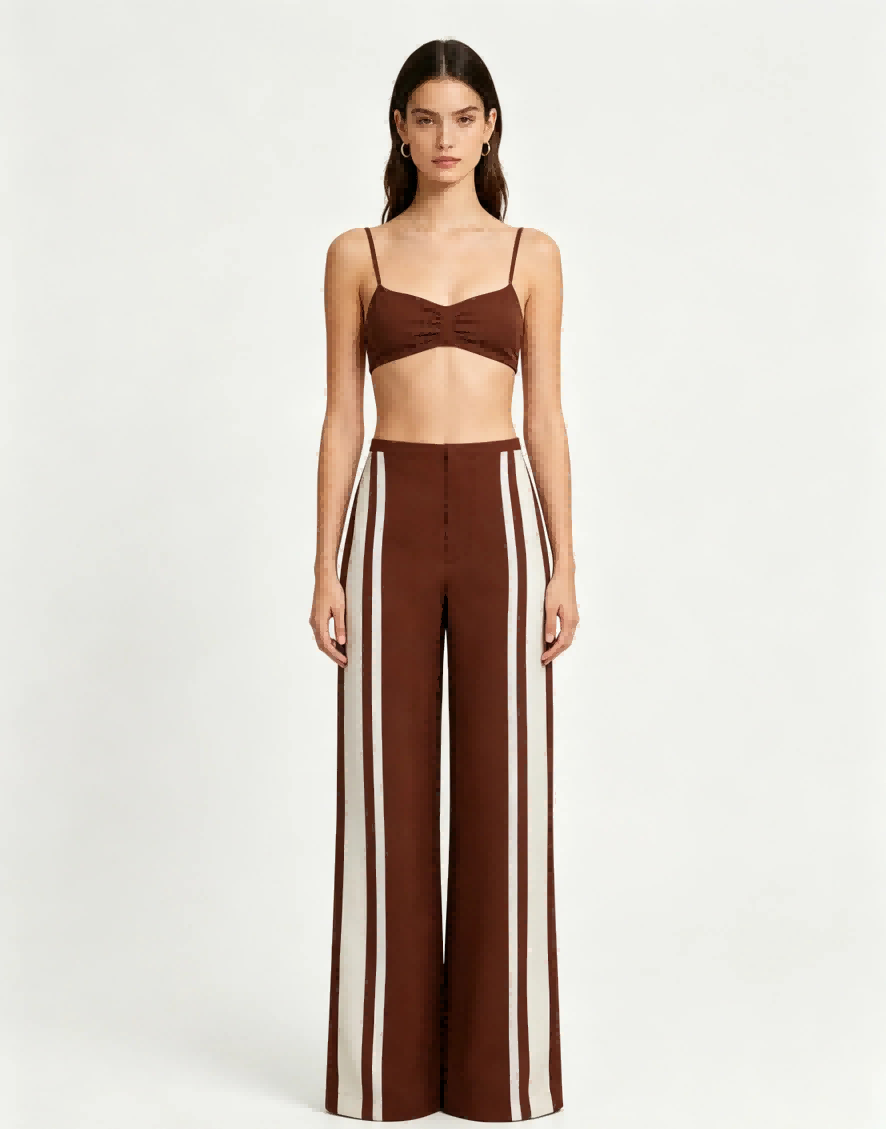 Straight full front view Haideyu private label brown knit flare pants vertical white side stripe floor length everyday custom sportswear