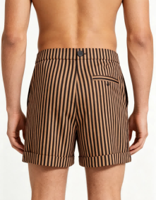 Back waist detail view Haideyu private label brown striped tailored suit shorts hidden back pocket structured stretch fabric custom office shorts