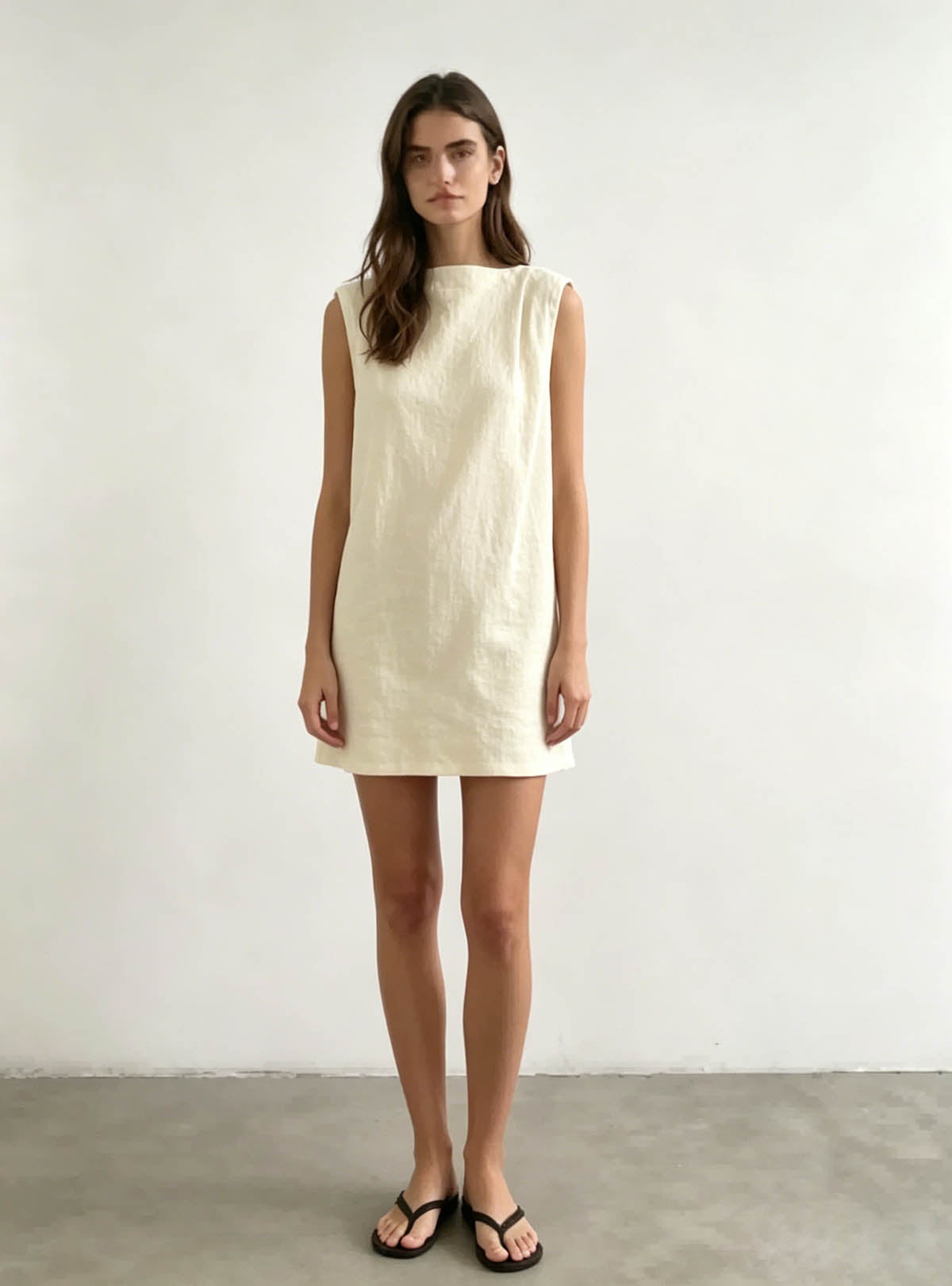 Straight full front view Haideyu private label cream shoulder pleat sleeveless mini dress relaxed straight cut breathable soft custom casual gown