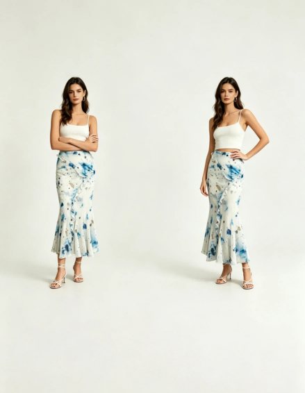 Side profile full shot Haideyu private label white blue floral mermaid maxi skirt flared fishtail hem breathable summer custom skirt