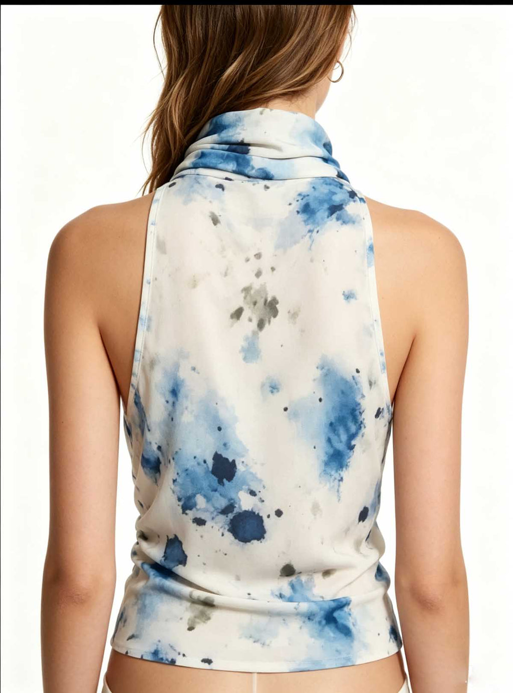Full back view Haideyu private label blue ink splash halter sleeveless crop top open bare back ruched waist modern custom casual top