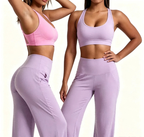 Straight full front view Haideyu private label lilac seamless yoga set thin cross back strap bra floor-length flare pants casual loungewear custom activewear