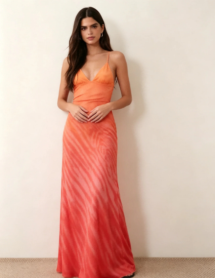 Straight front view Haideyu private label orange gradient mermaid dress low V neck soft stretch shimmer fabric custom formal wear